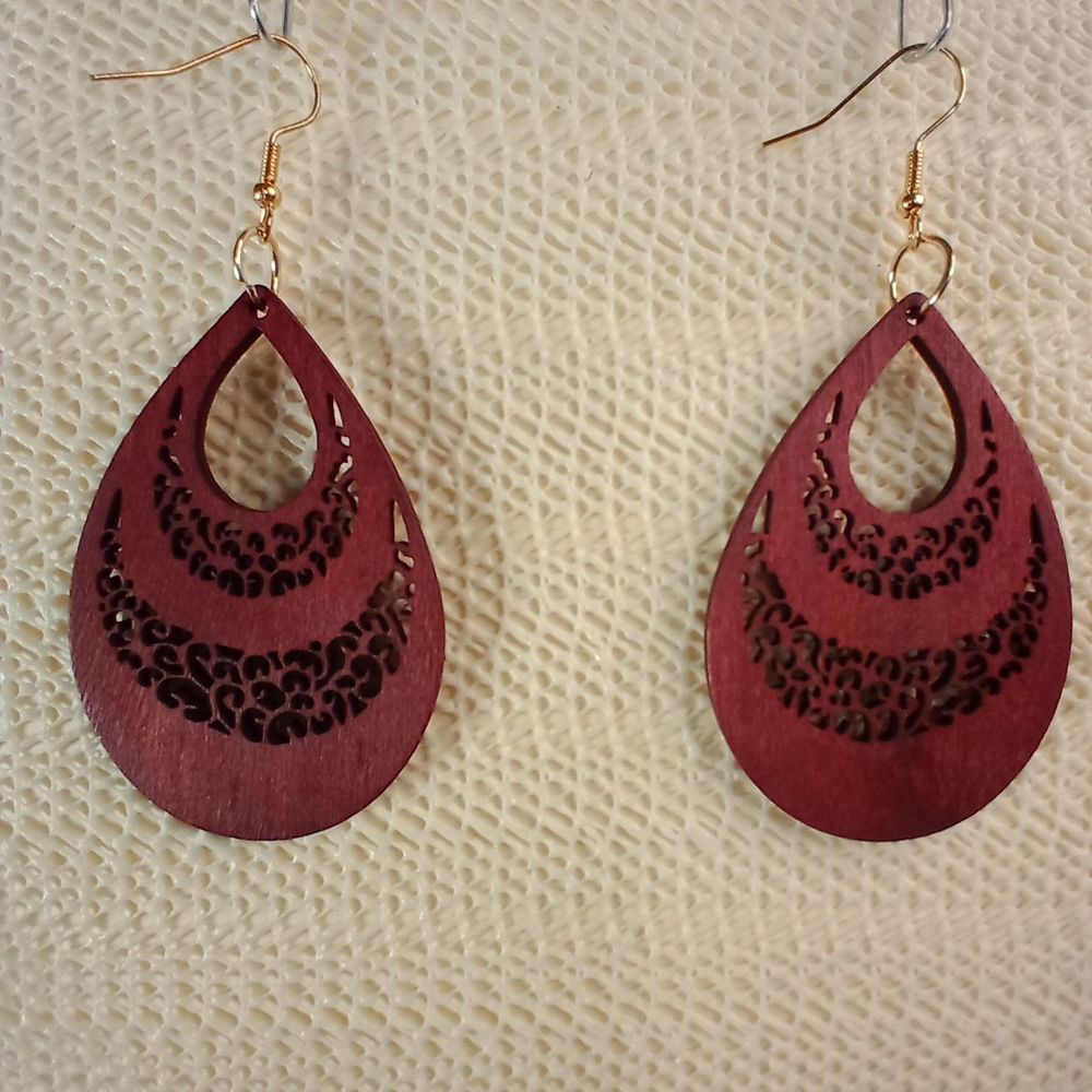 BOHO RED WOODEN Bohemian Oval Drop Laser Cut 3" Earrings